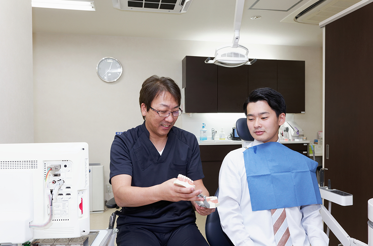 歯科医師が模型を使って患者に治療説明をしている様子